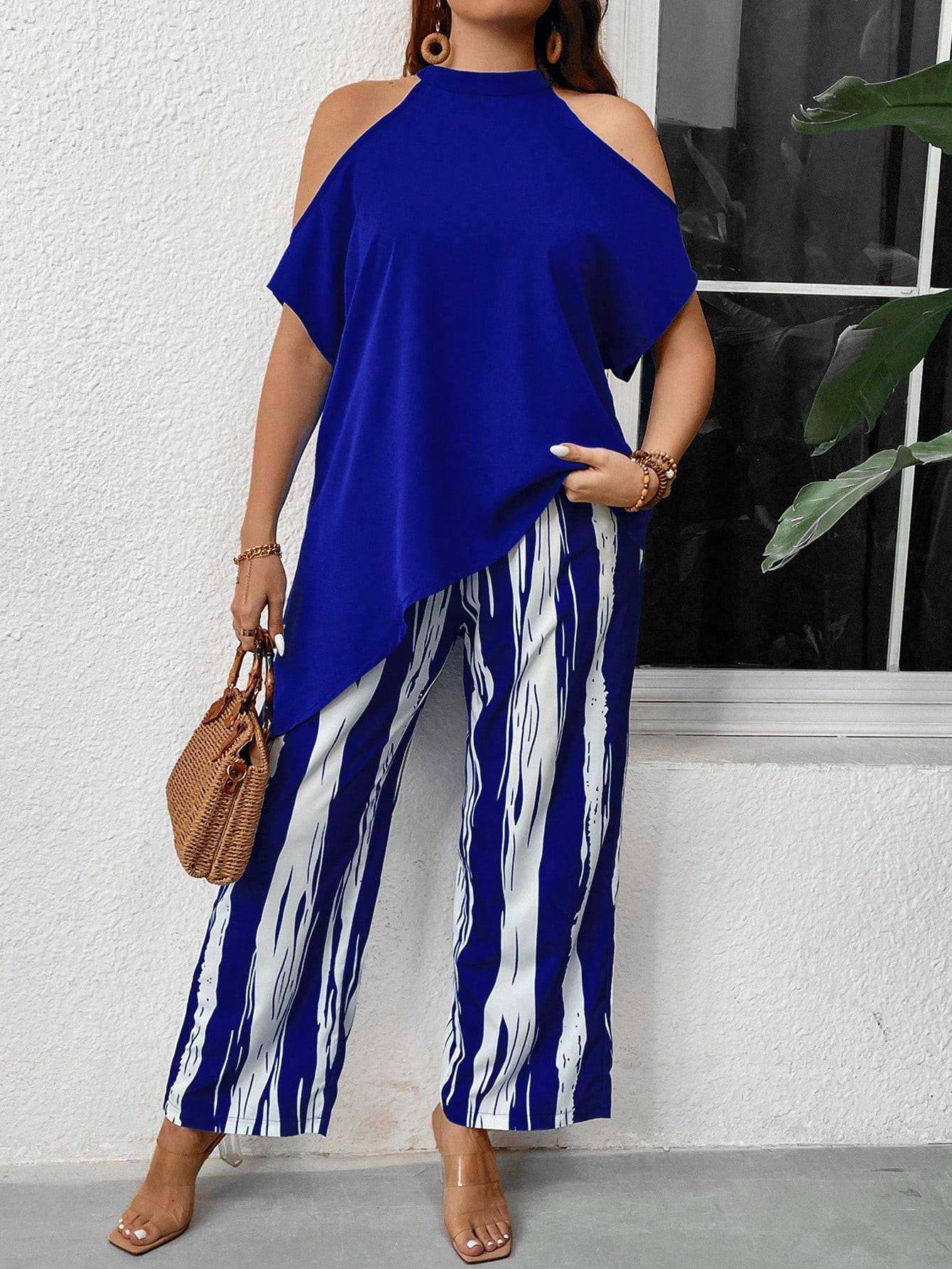 MARTINA - Top asimmetrico con spalle scoperte e pantaloni palazzo