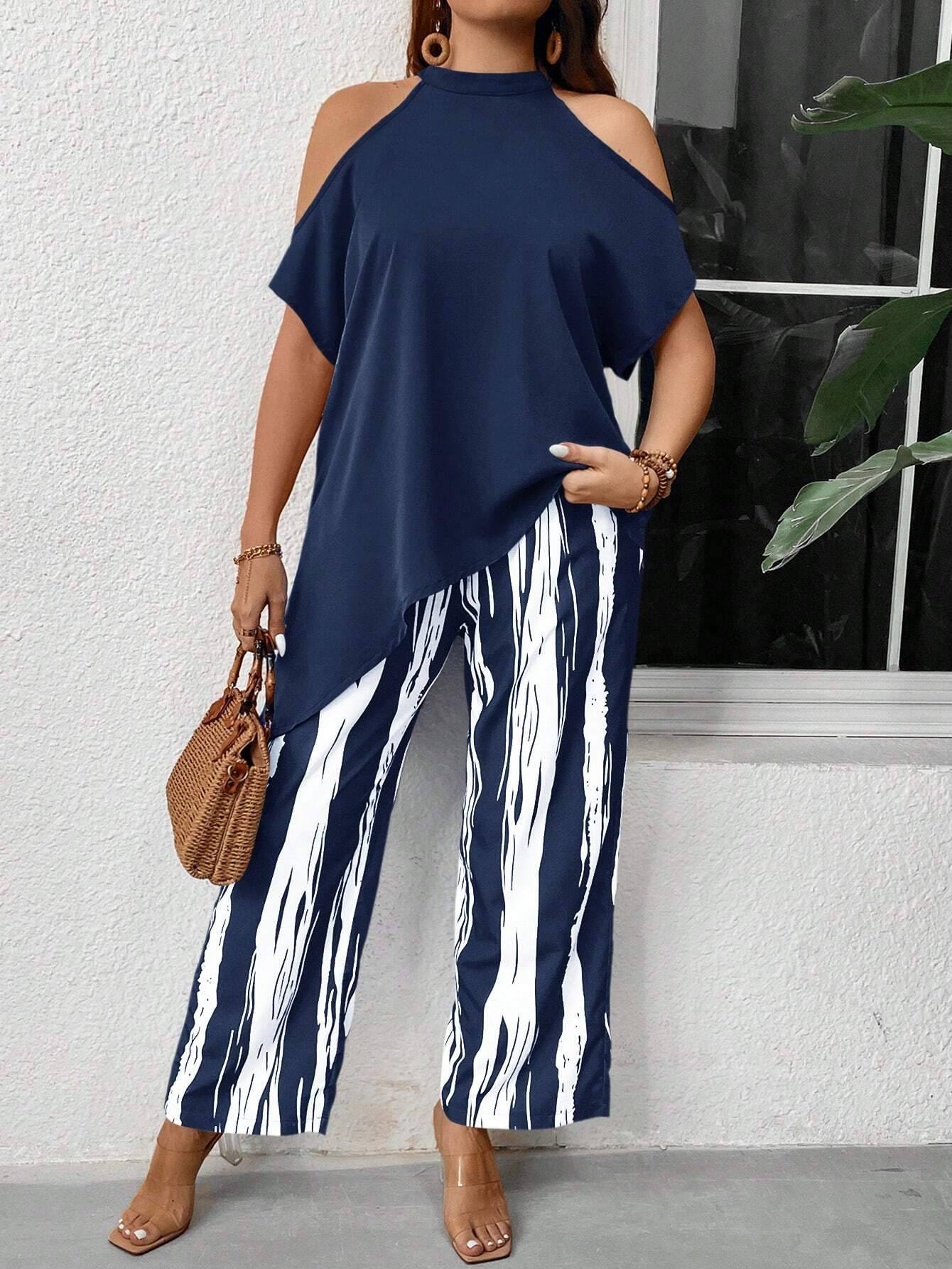 MARTINA - Top asimmetrico con spalle scoperte e pantaloni palazzo
