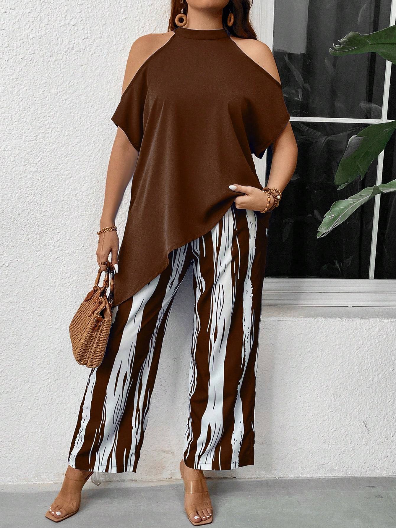 MARTINA - Top asimmetrico con spalle scoperte e pantaloni palazzo