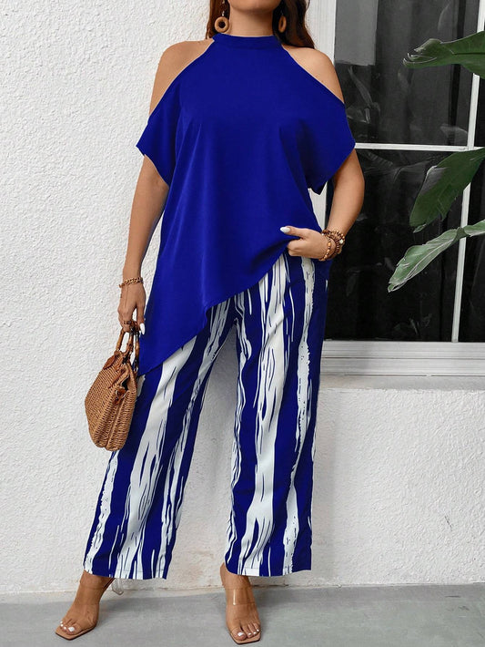MARTINA - Top asimmetrico con spalle scoperte e pantaloni palazzo